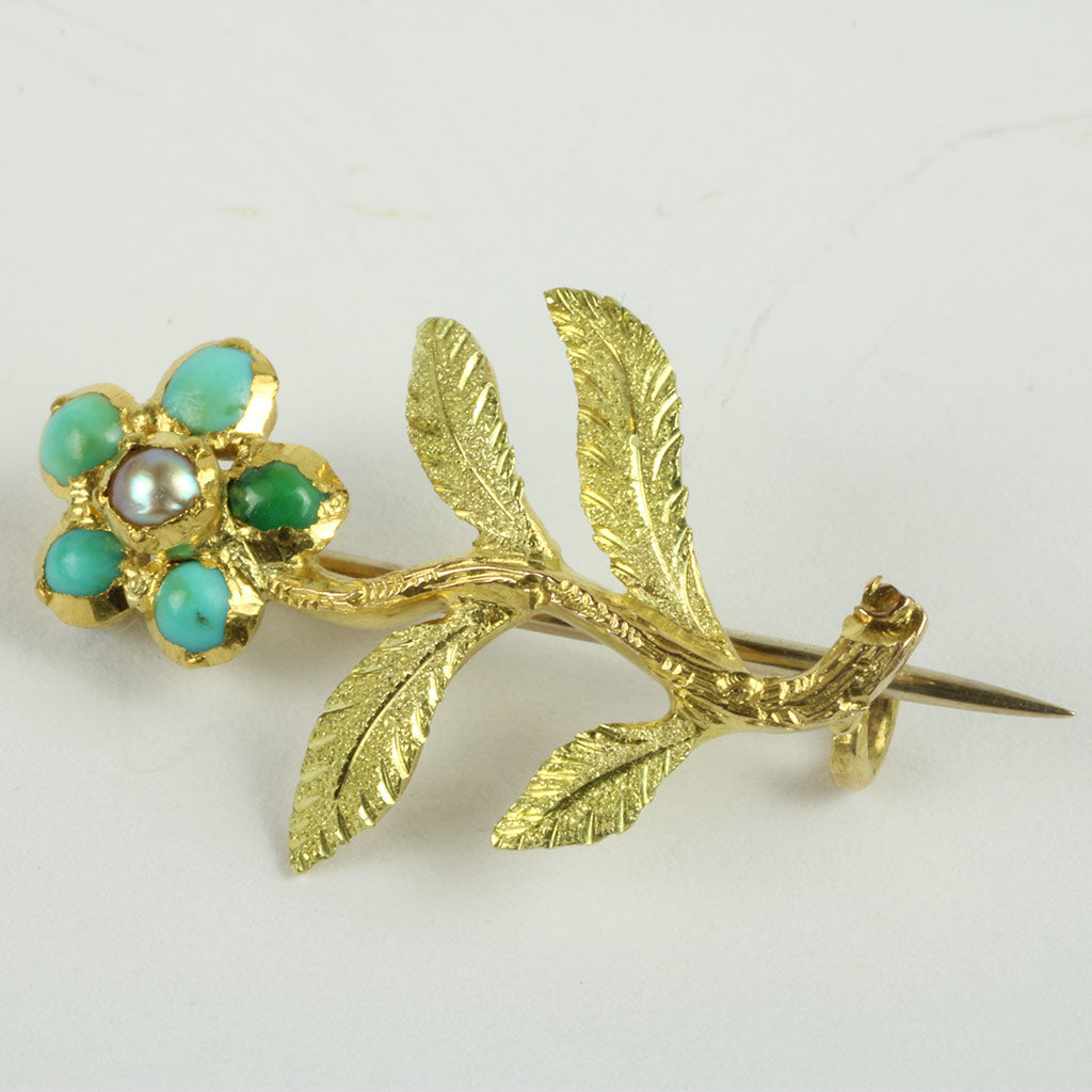 Broche af 14K guld med turkis og perle