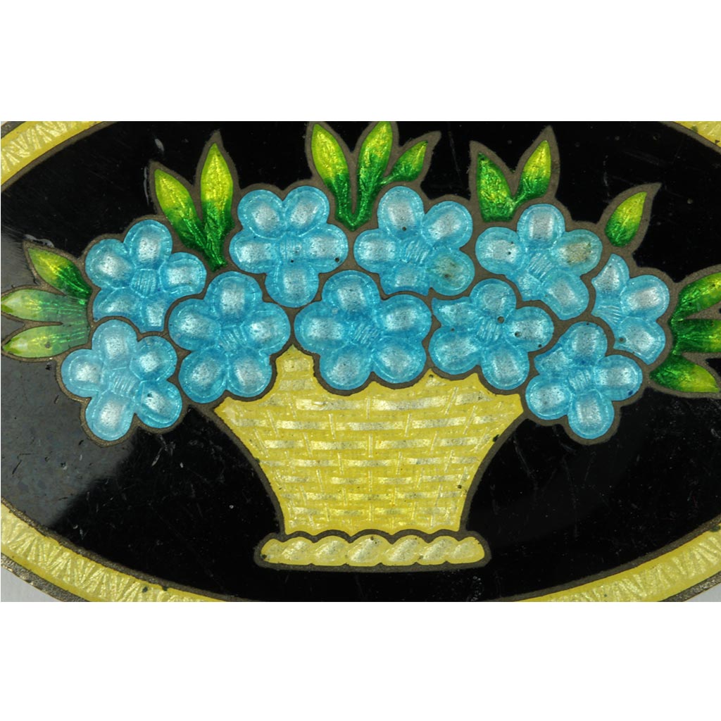 broche  fint emalje arbejde med kurv og blå blomster, grønt og gult